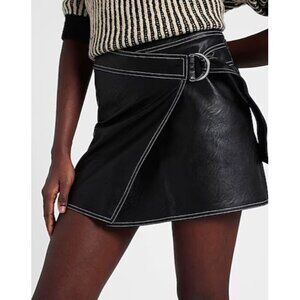 Topshop Black Faux Leather Wrap Mini Skirt – Women’s Size 10 – Belted High Waist
